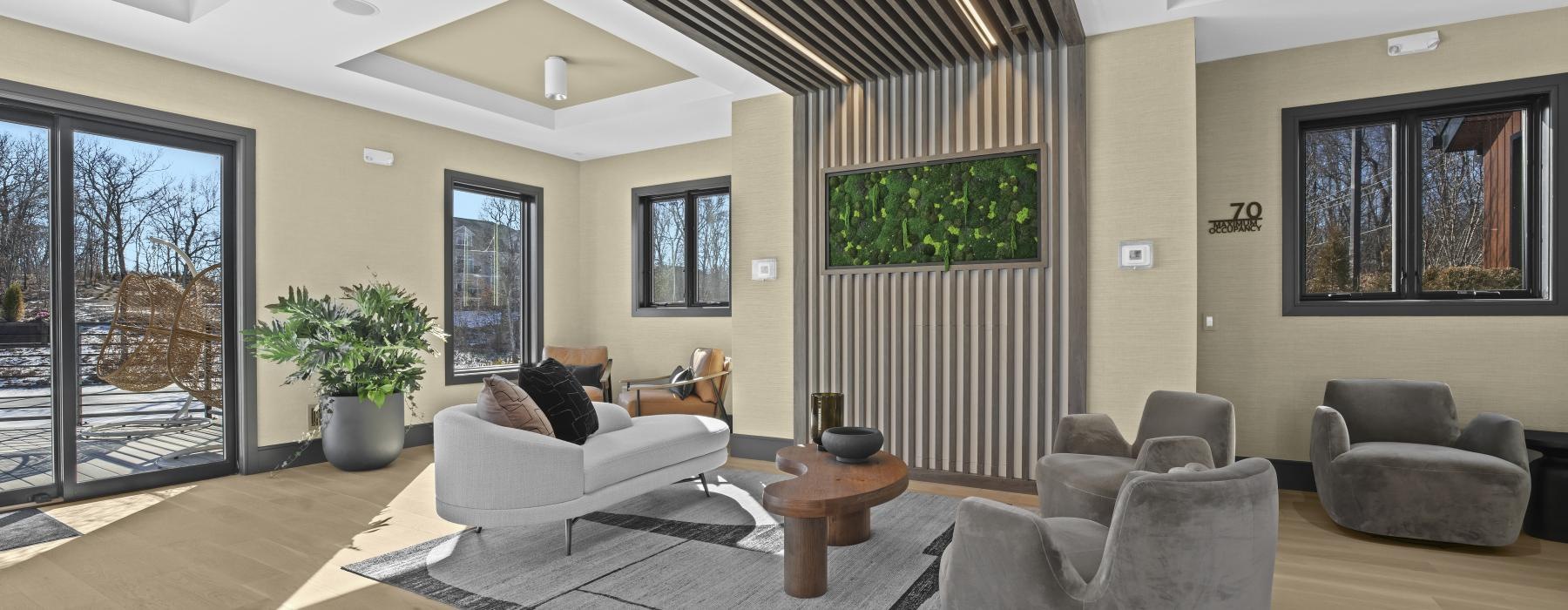 a living room with a large glass door